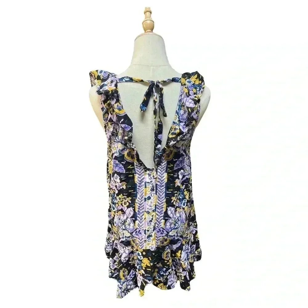 Free People Tunic Size Small Purple and Blue Print LINEN BLEND Relaxed Fit M - Picture 3 of 7